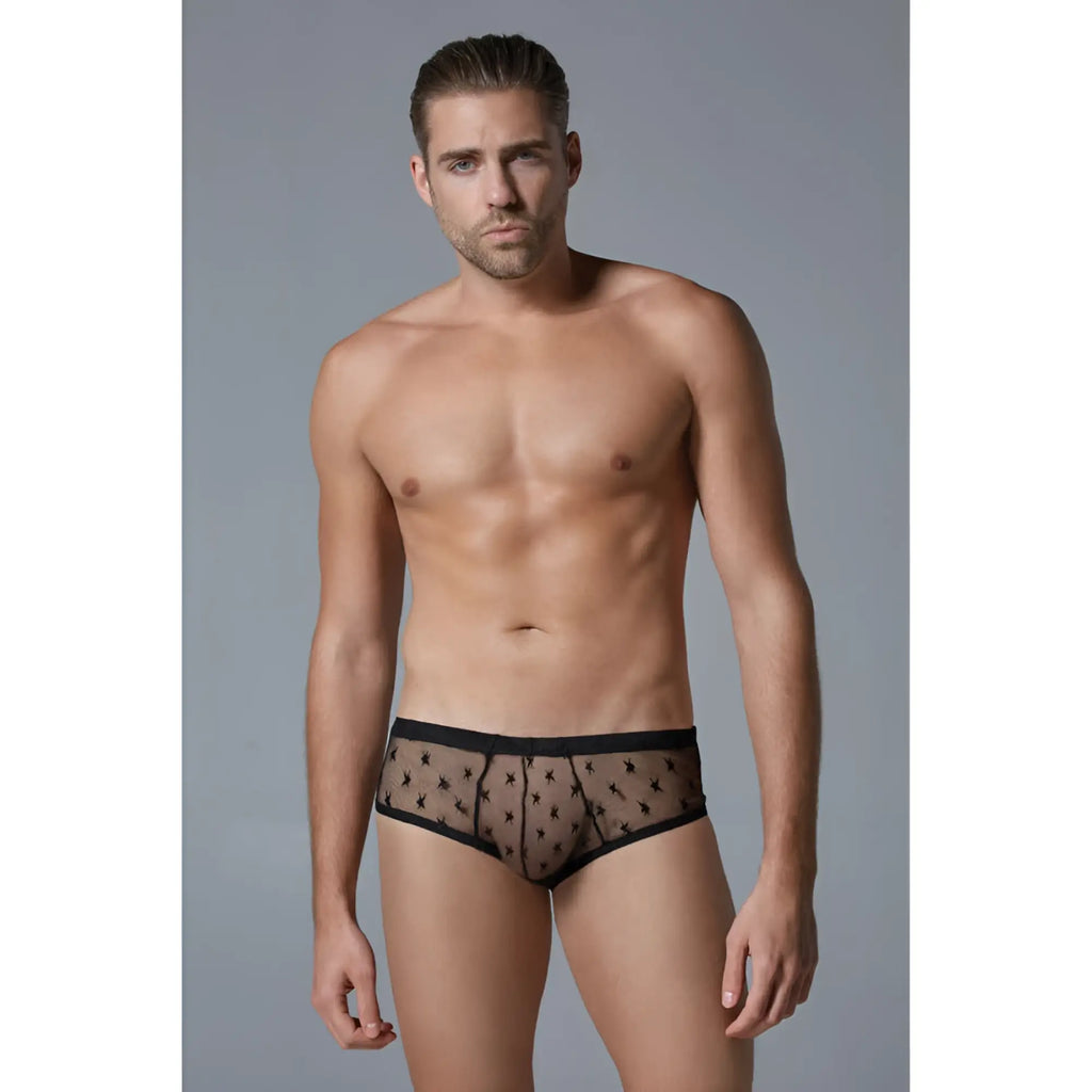 Luca Star men’s ultra sheer briefs in black sheer mesh with subtle star pattern and solid black trim