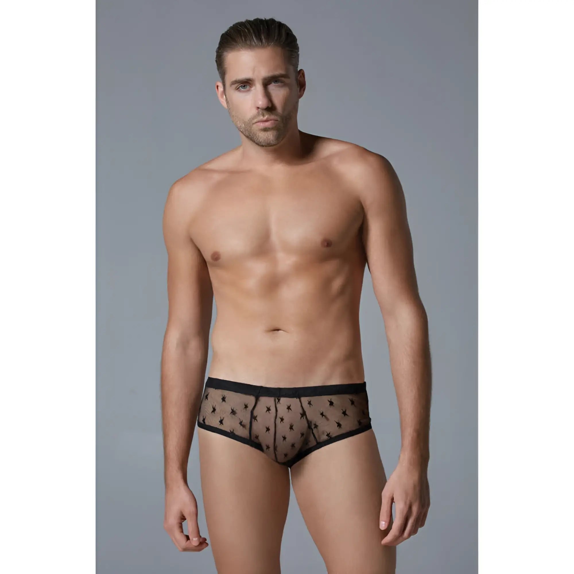 Luca Star men’s ultra sheer briefs in black sheer mesh with subtle star pattern and solid black trim