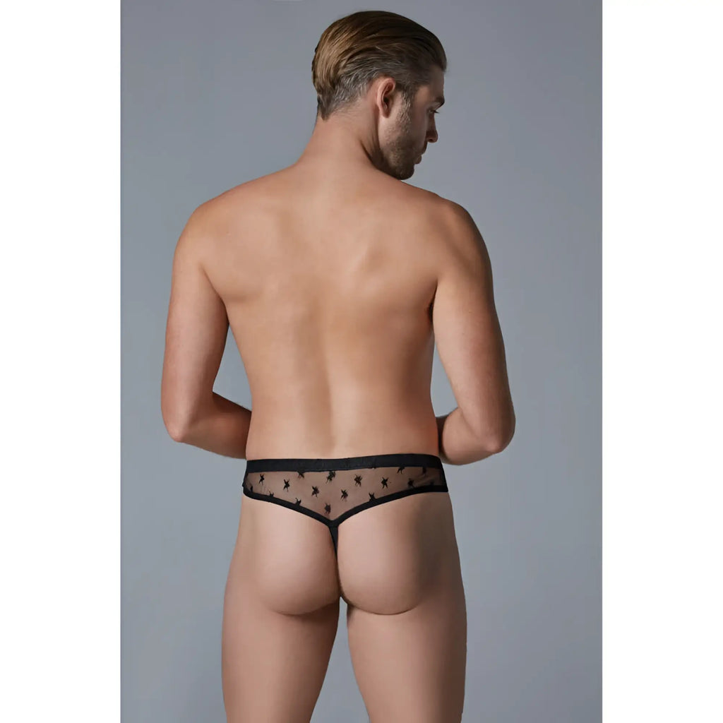 Black sheer star-patterned thong with solid black waistband from luca star men’s ultra sheer thong collection