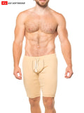 Beige Lumber Jack Jam athletic shorts with white drawstring and textured side panels for active wear