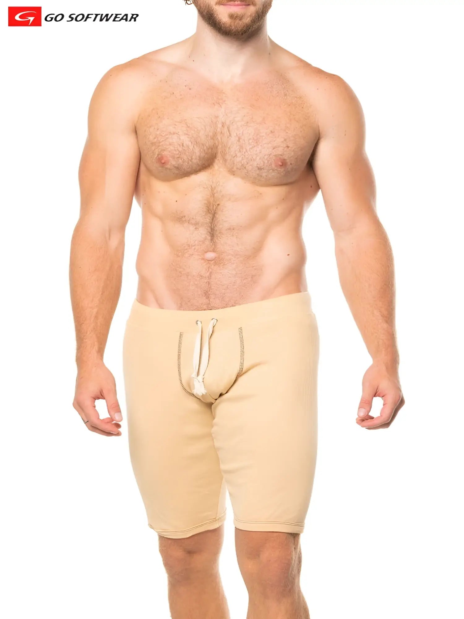 Beige Lumber Jack Jam athletic shorts with white drawstring and textured side panels for active wear