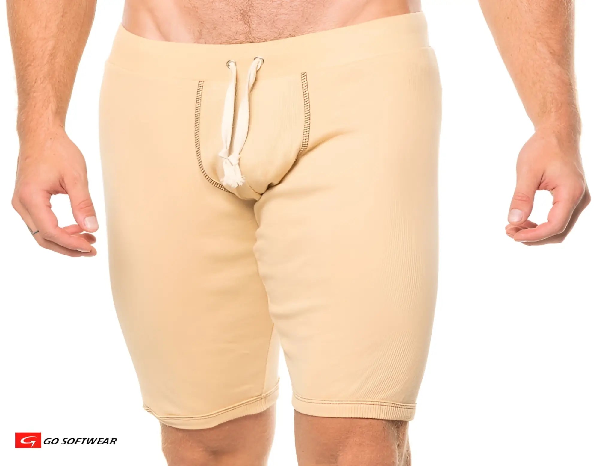 Beige ribbed fabric shorts with white drawstring and reinforced stitching in lumber jack jam style