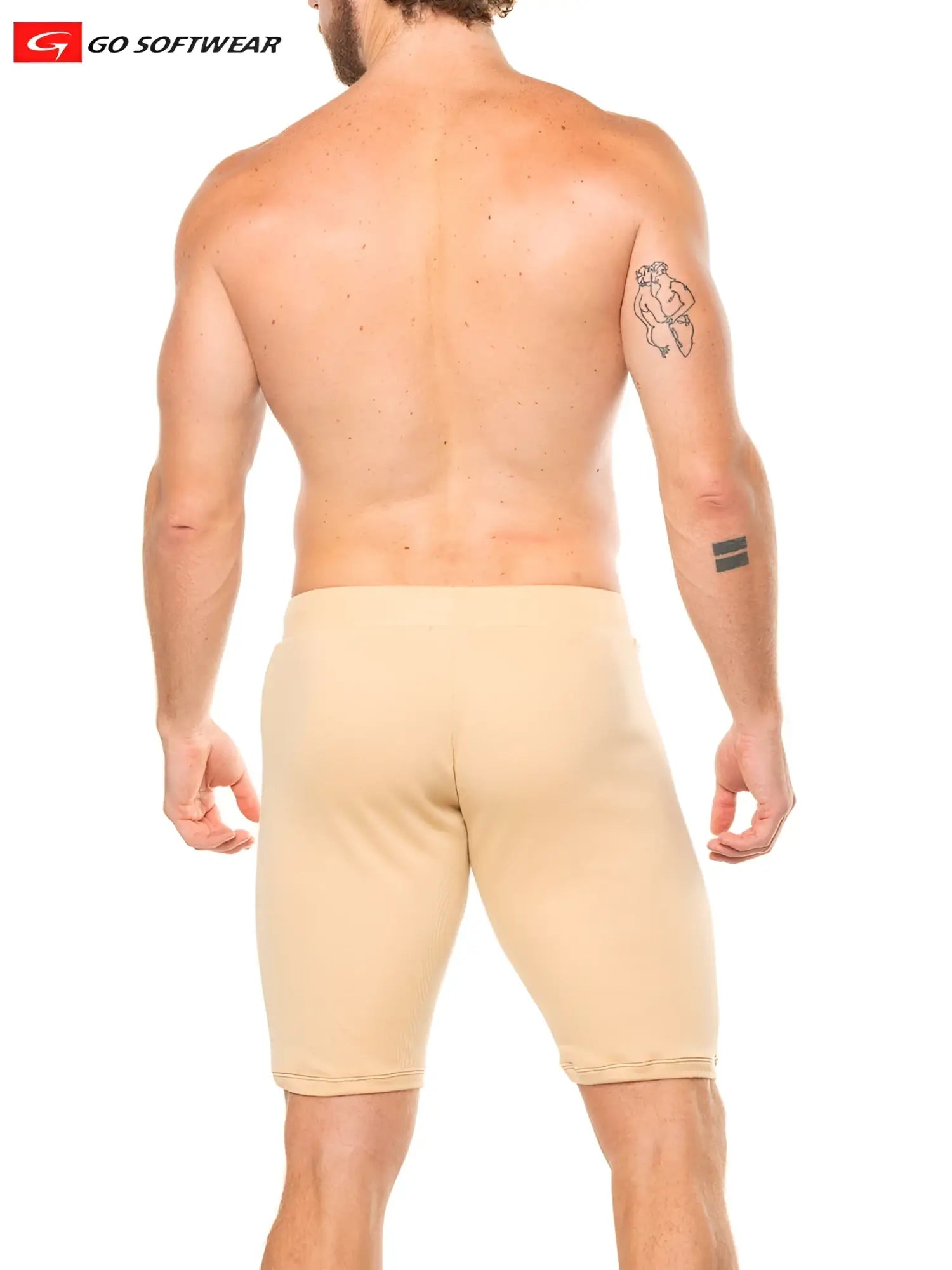 Beige lumber jack jam men’s compression shorts made of softwear fabric for athletic support and comfort