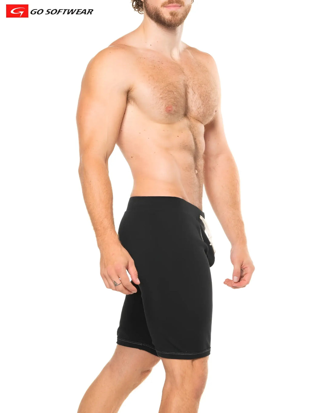 Black athletic shorts with drawstring waist side pockets and go softwear logo in lumber jack jam style
