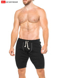 Black athletic shorts lumber jack jam with white drawstrings contrasting stitching for active wear