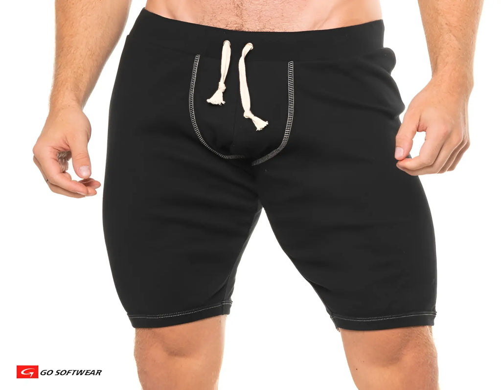 Black athletic shorts lumber jack jam with white drawstrings and contrasting stitching for active wear