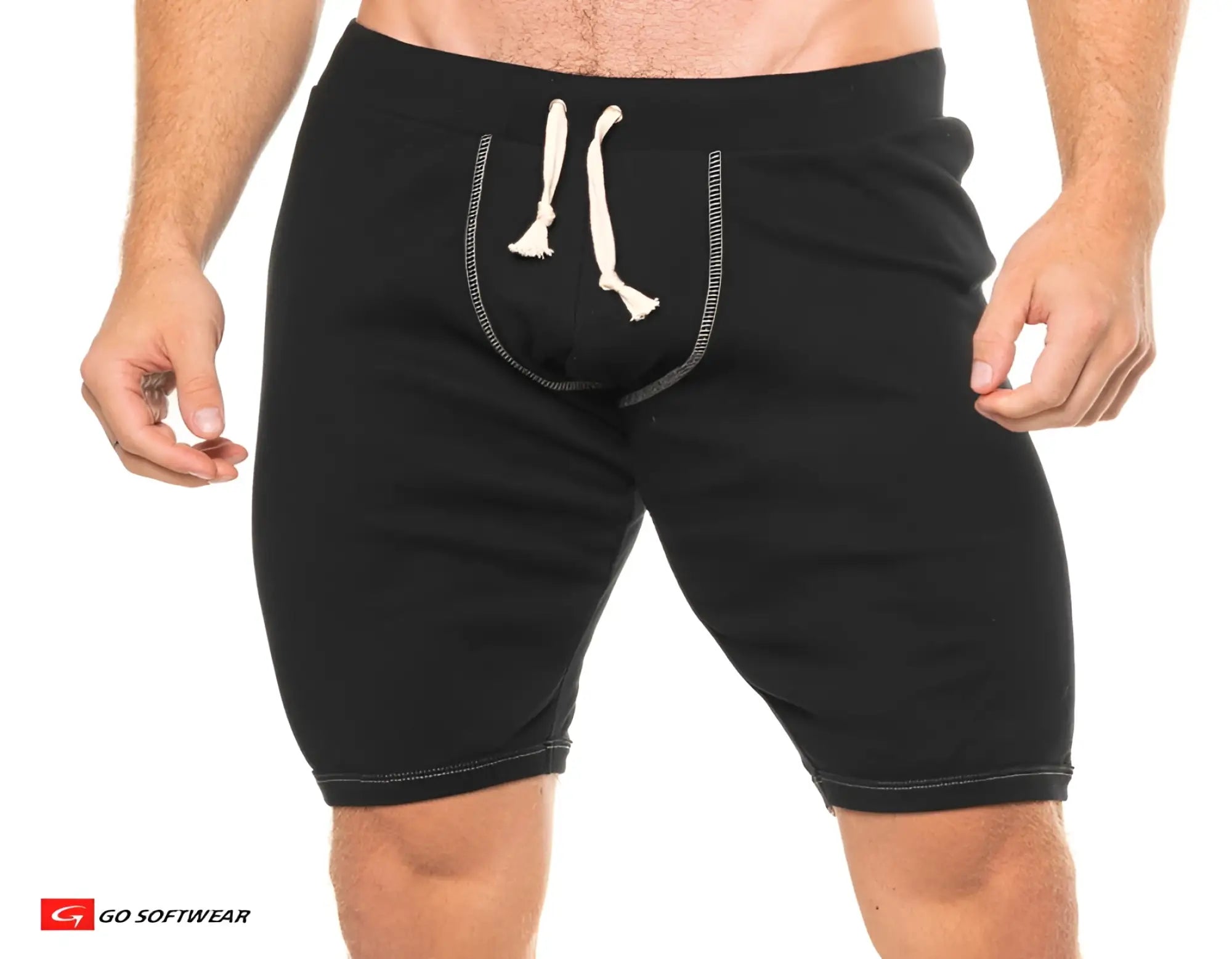 Black athletic shorts lumber jack jam with white drawstrings and contrasting stitching for active wear