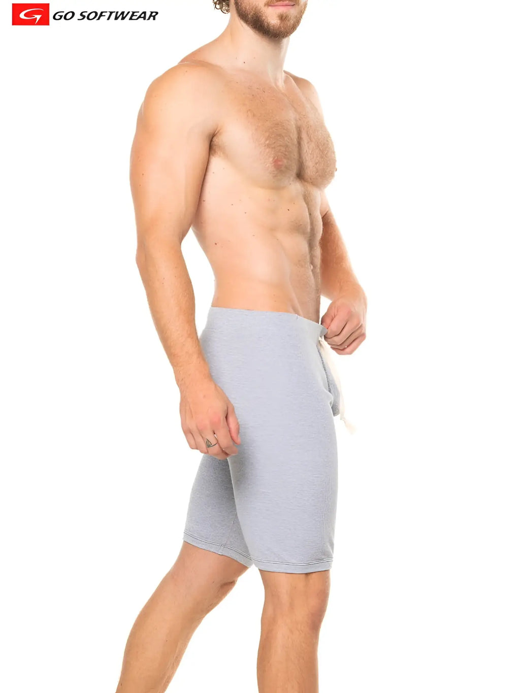 Gray heathered lumber jack jam shorts with a drawstring waistband made of soft breathable fabric