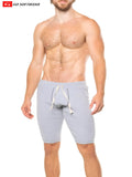Gray heathered lumber jack jam shorts with white drawstrings and relaxed fit for casual wear