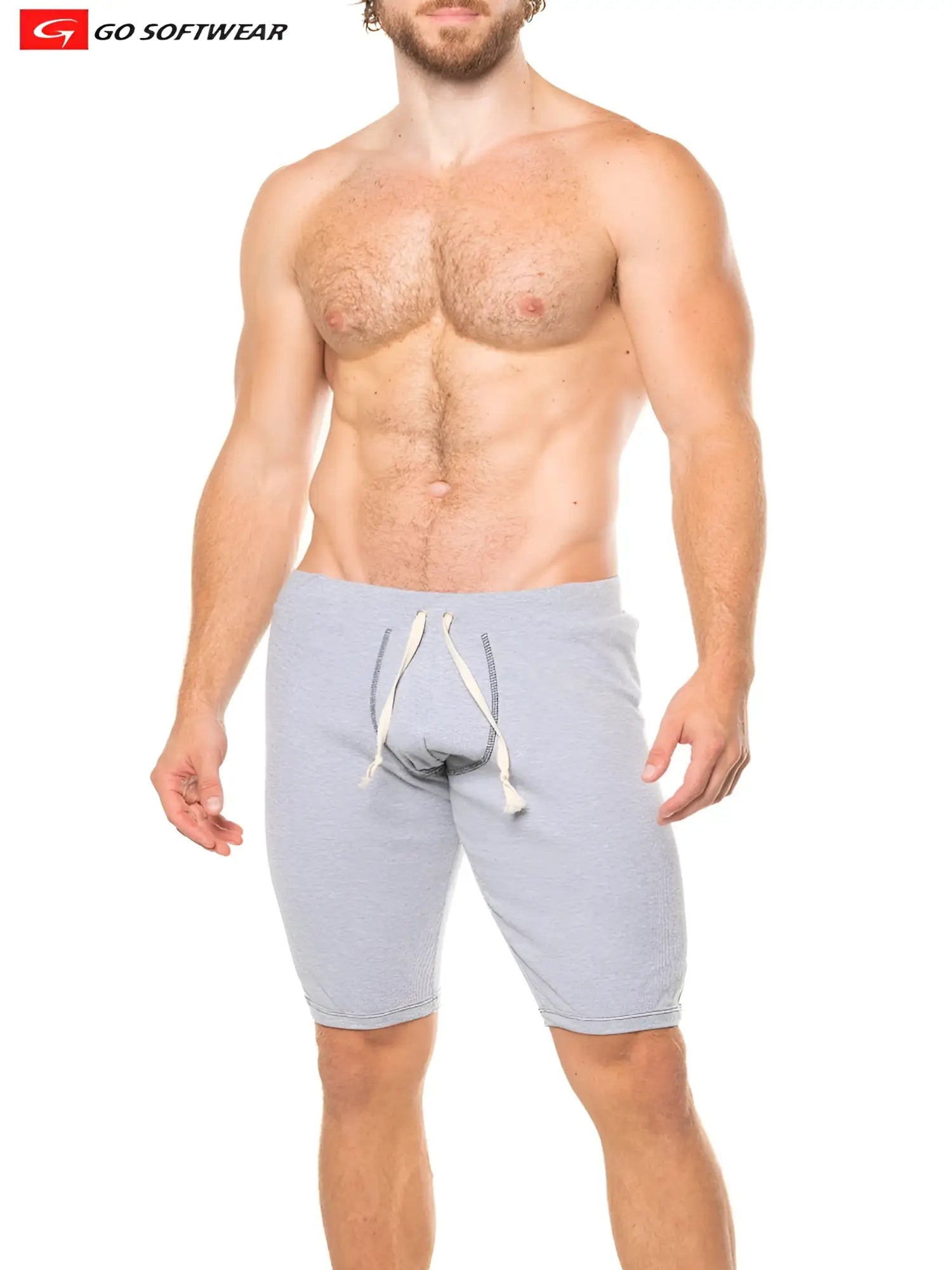 Gray heathered lumber jack jam shorts with white drawstrings and relaxed fit for casual wear