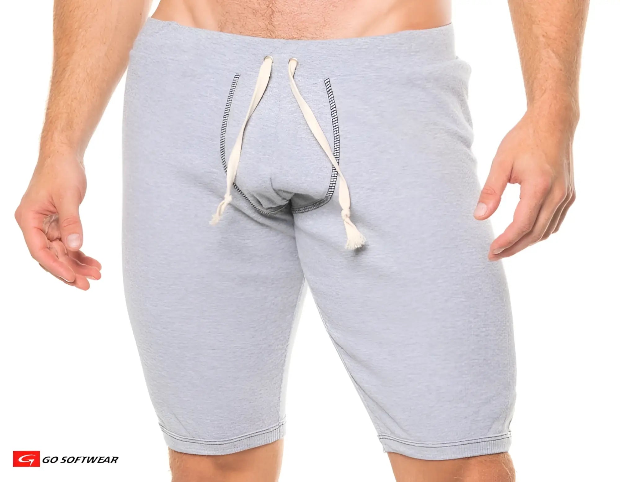 Gray heathered sweatshorts with white drawstrings and ribbed hem from lumber jack jam for casual wear