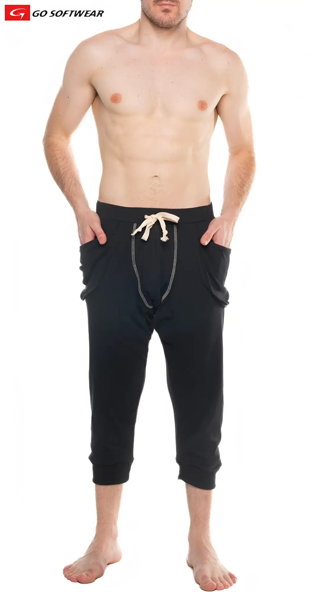 Black capri-length lumber jack lounge pant joggers with cream drawstring and side pockets for casual wear