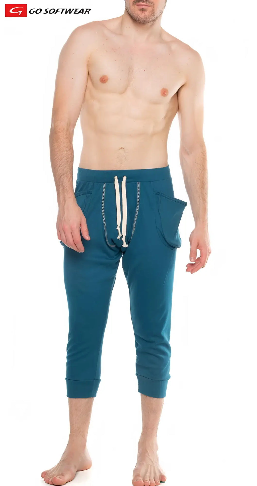 Teal lumber jack lounge pant joggers with white drawstring mid thigh length and side pockets for casual wear