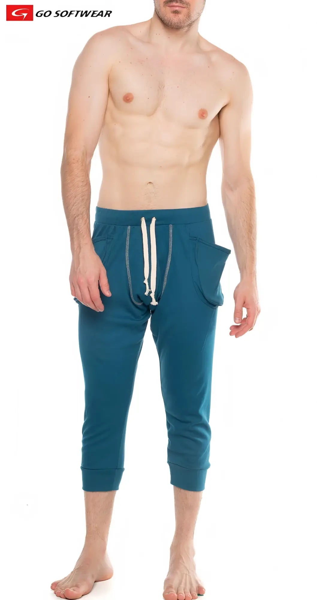 Teal lumber jack lounge pant joggers with white drawstring mid thigh length and side pockets for casual wear