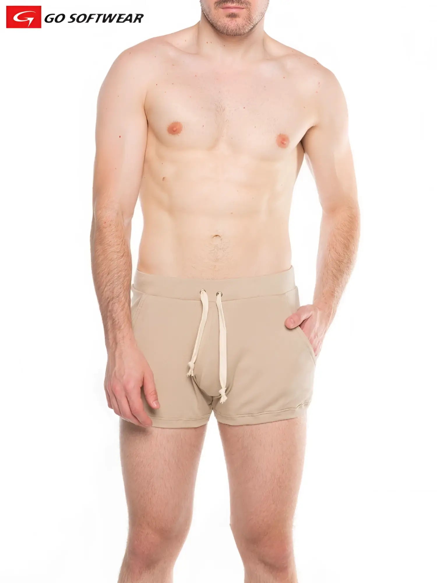 Beige lumber jack lounge shorts with soft fabric, matching drawstring waistband, and side pockets for comfort and style