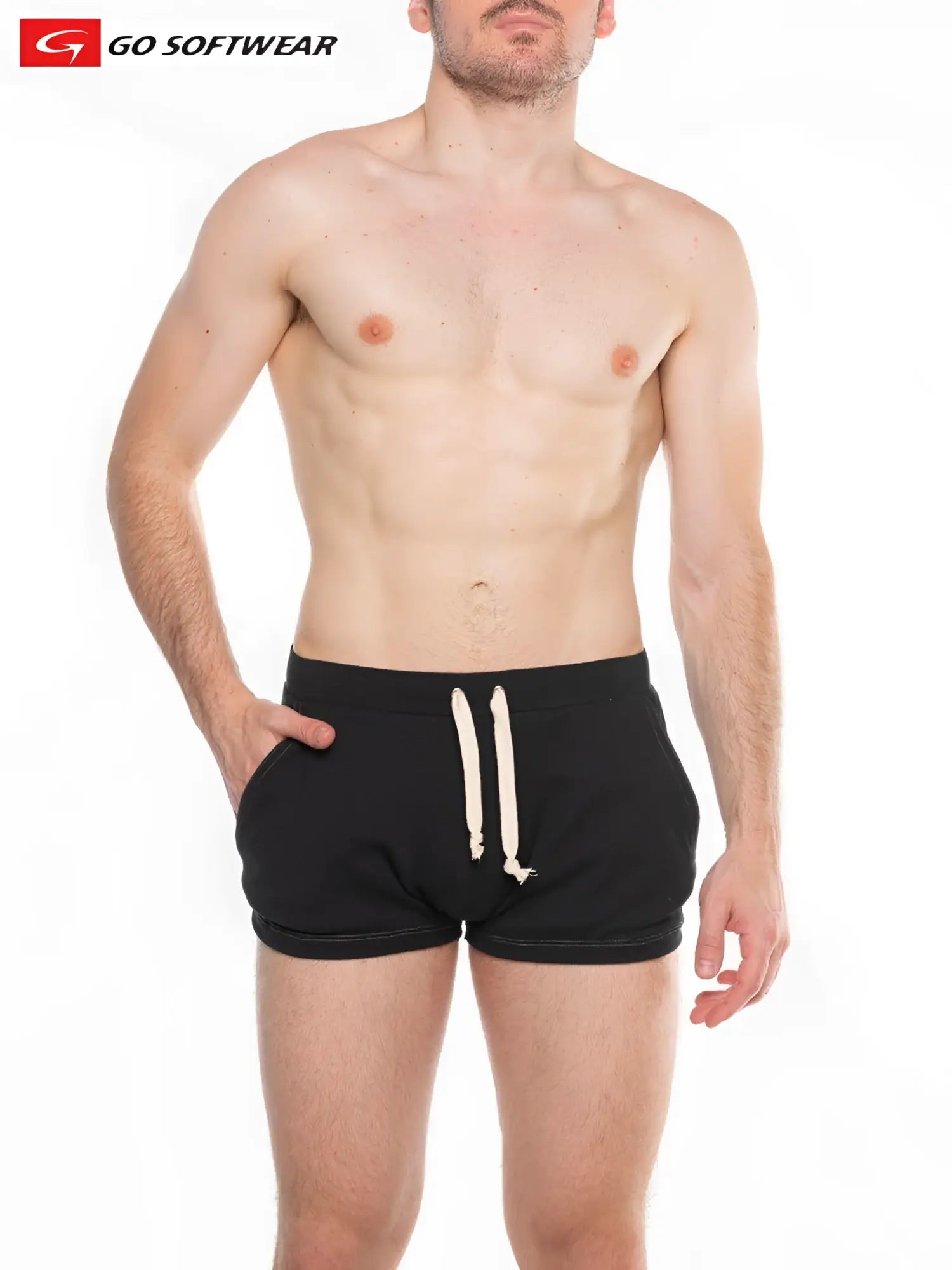 Black lumber jack lounge shorts with cream drawstrings double-layered hem and go softwear logo with pockets