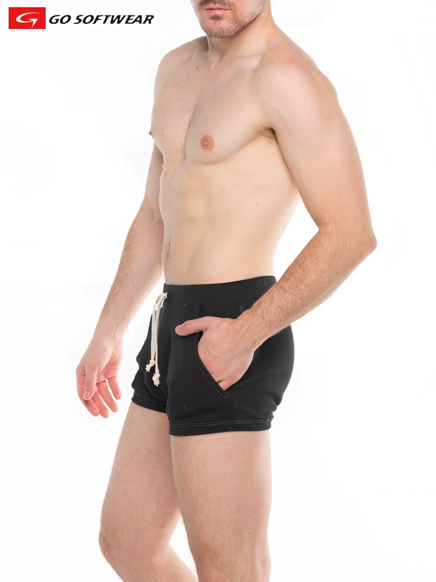 Black lumber jack lounge shorts with white drawstrings side pockets and relaxed fit for athletic wear