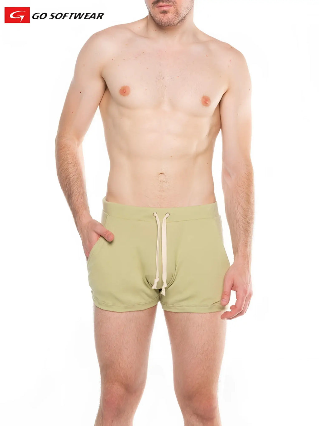 Men’s olive green lumber jack lounge shorts with drawstring waistband and pockets for comfortable athletic wear