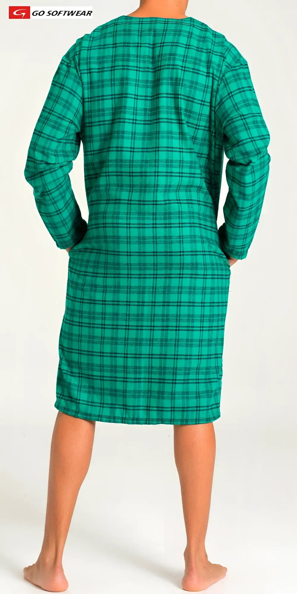 Green plaid lumber jack night shirt with black grid pattern long sleeves and side pockets for comfortable sleepwear