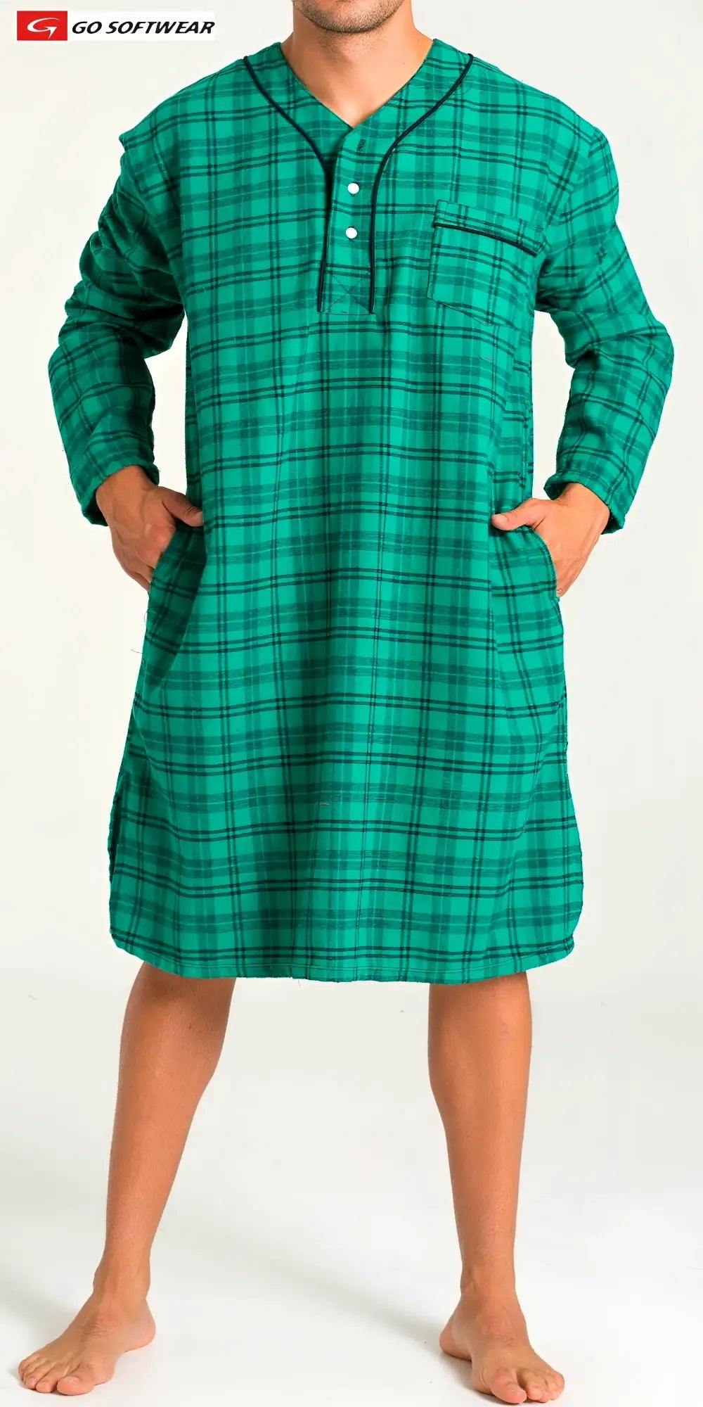 Green plaid lumber jack night shirt with black grid pattern long sleeves and front button closure