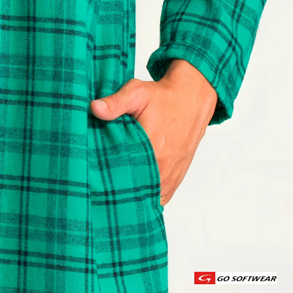 A lumber jack night shirt in teal and black plaid flannel with soft textured fabric for comfortable wear