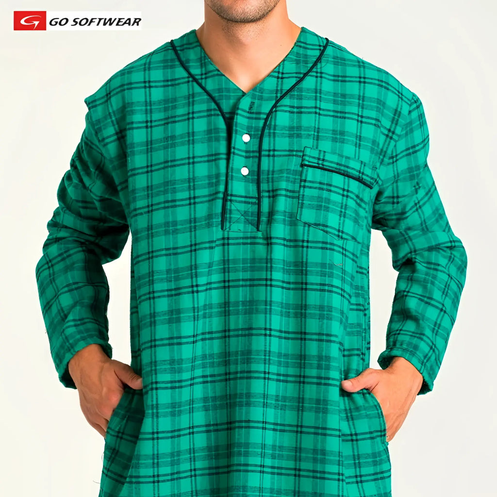 Teal and black plaid long-sleeved lumber jack nightshirt with v-neck button closure and side pockets for comfort