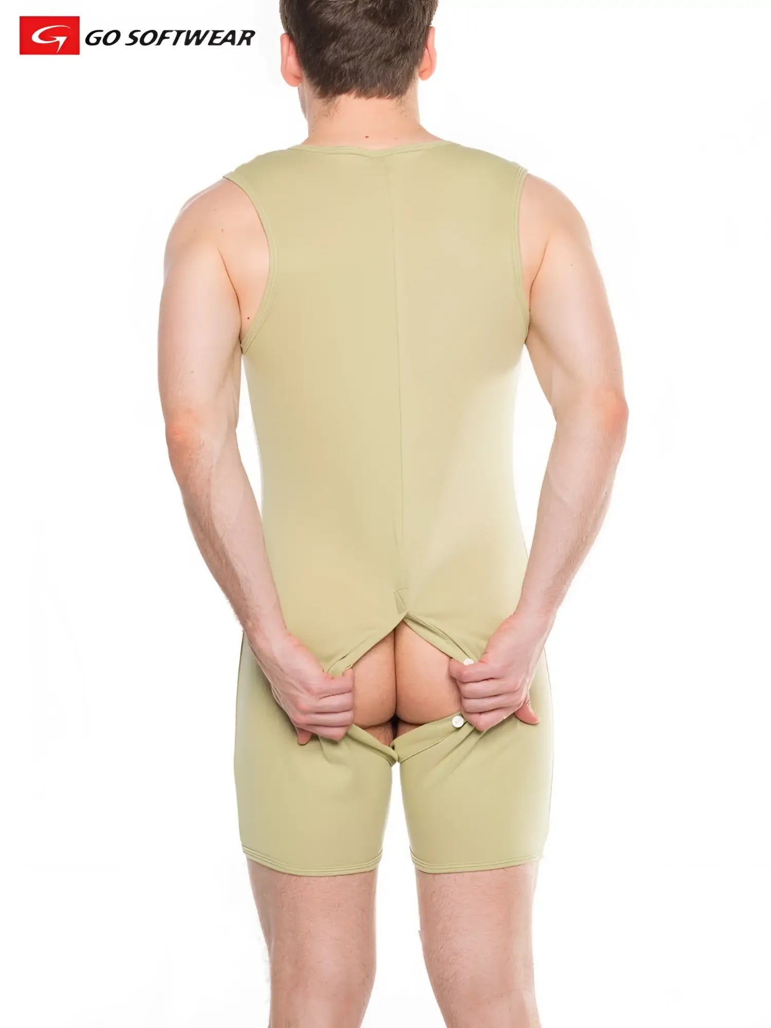 Beige seamless sleeveless lumber jack open back onesy with front zipper and shorts-style legs