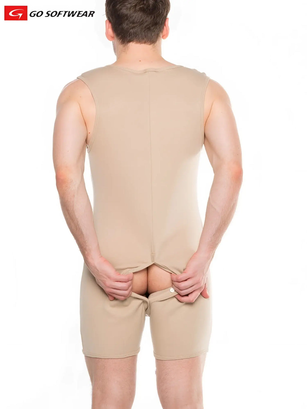 Beige sleeveless bodycon top with matching shorts from go softwear shown from the back in lumber jack open back onesy style