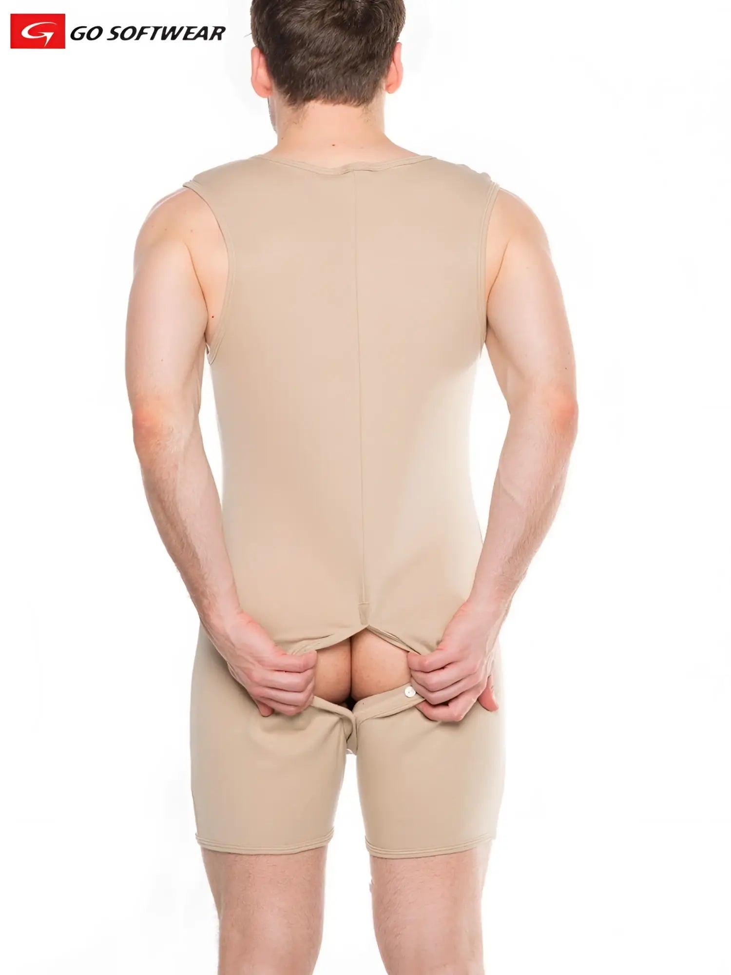 Beige sleeveless bodycon top with matching shorts from go softwear shown from the back in lumber jack open back onesy style