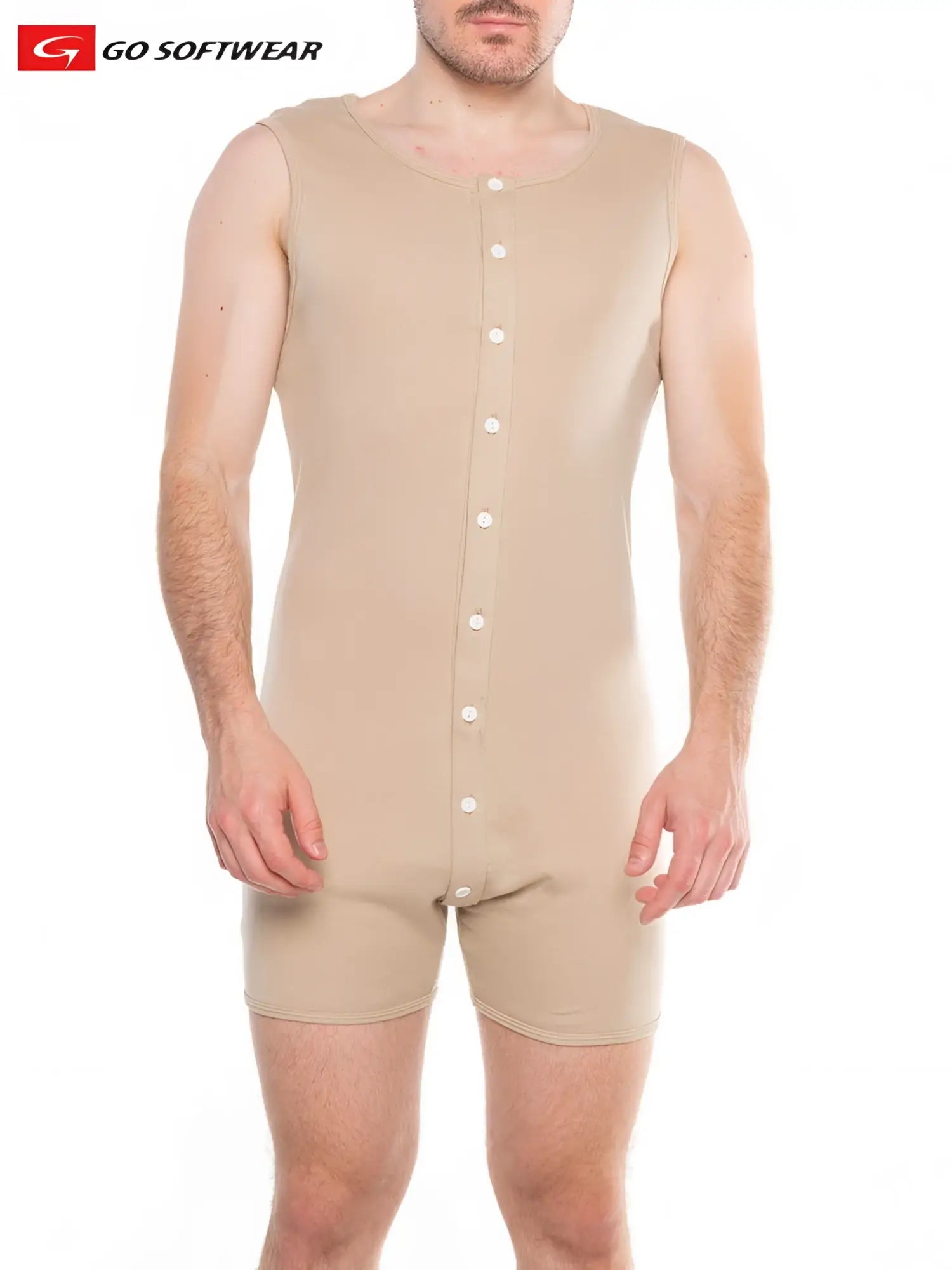 Beige sleeveless button-front one-piece loungewear from go softwear with open back design for comfortable wear