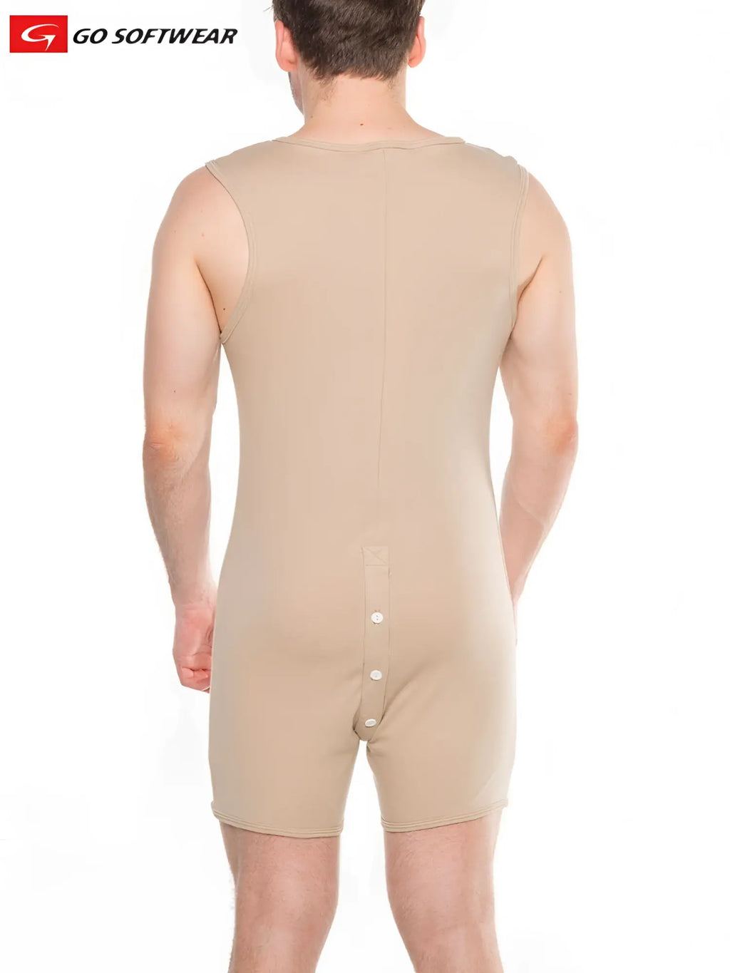 Beige lumber jack open back onesy with button closure smooth fabric and tailored fit shown from the back side