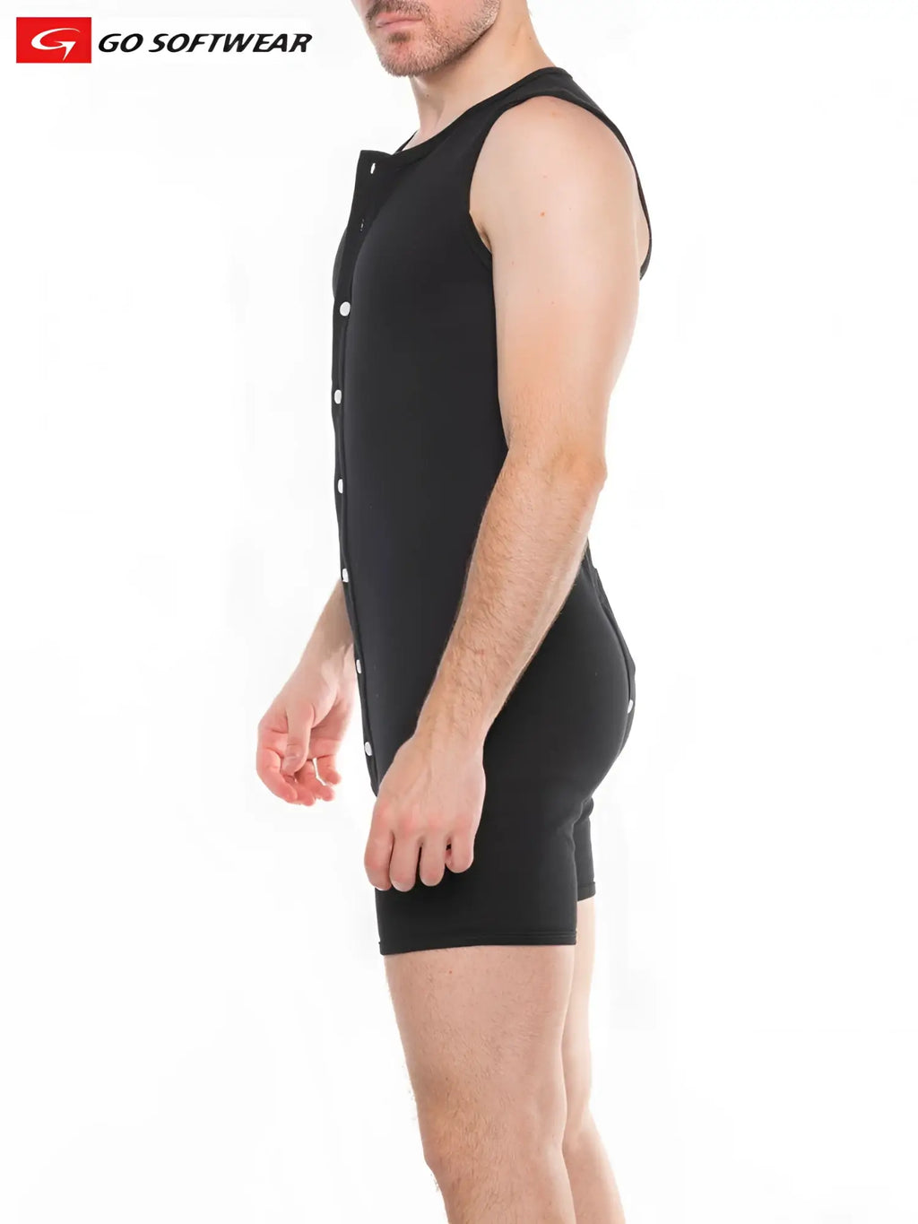 Black sleeveless athletic bodysuit with button-front detailing from go softwear showing the open back design