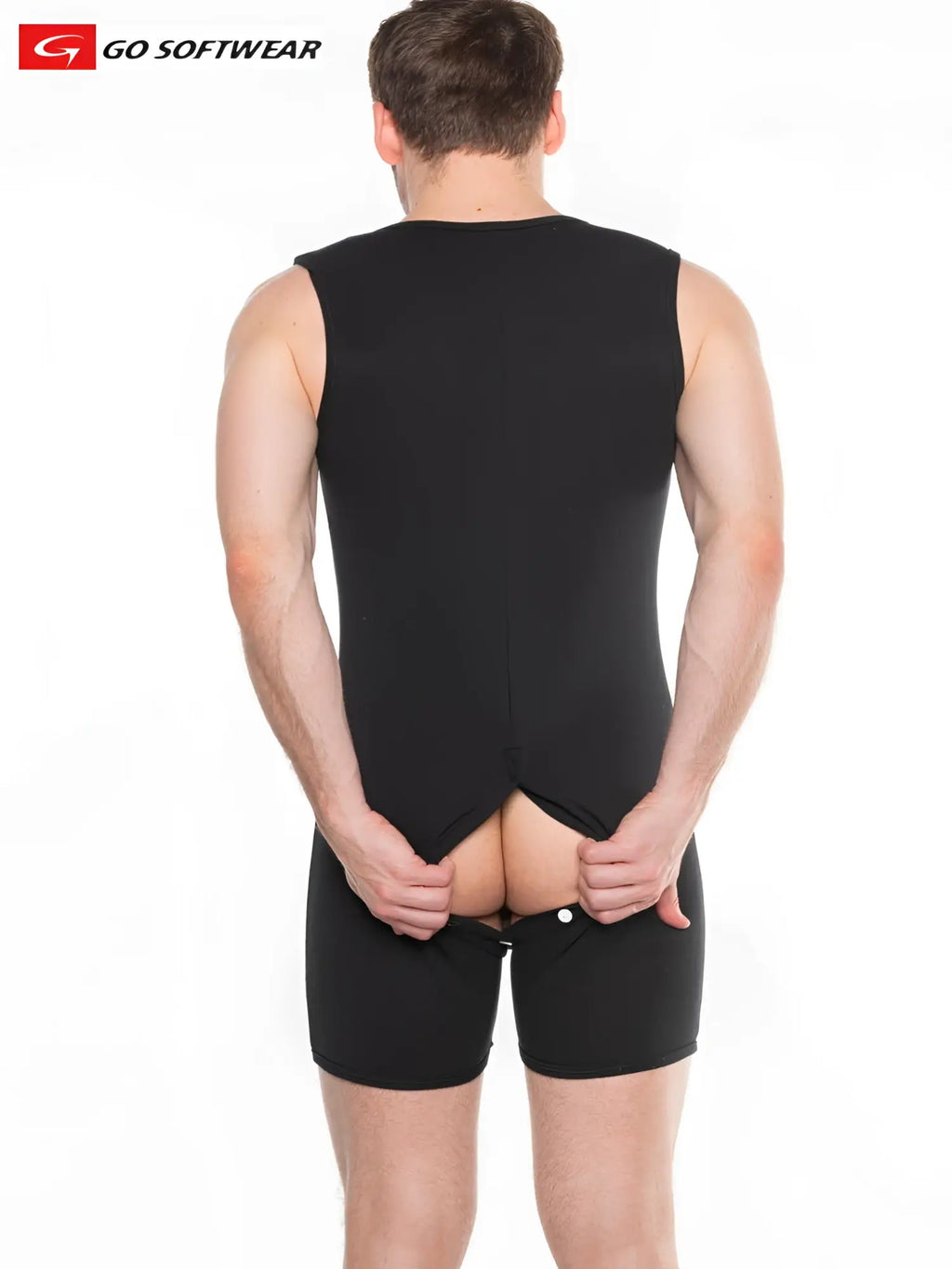 Black sleeveless athletic top with back zipper and matching shorts from go softwear shown from the back