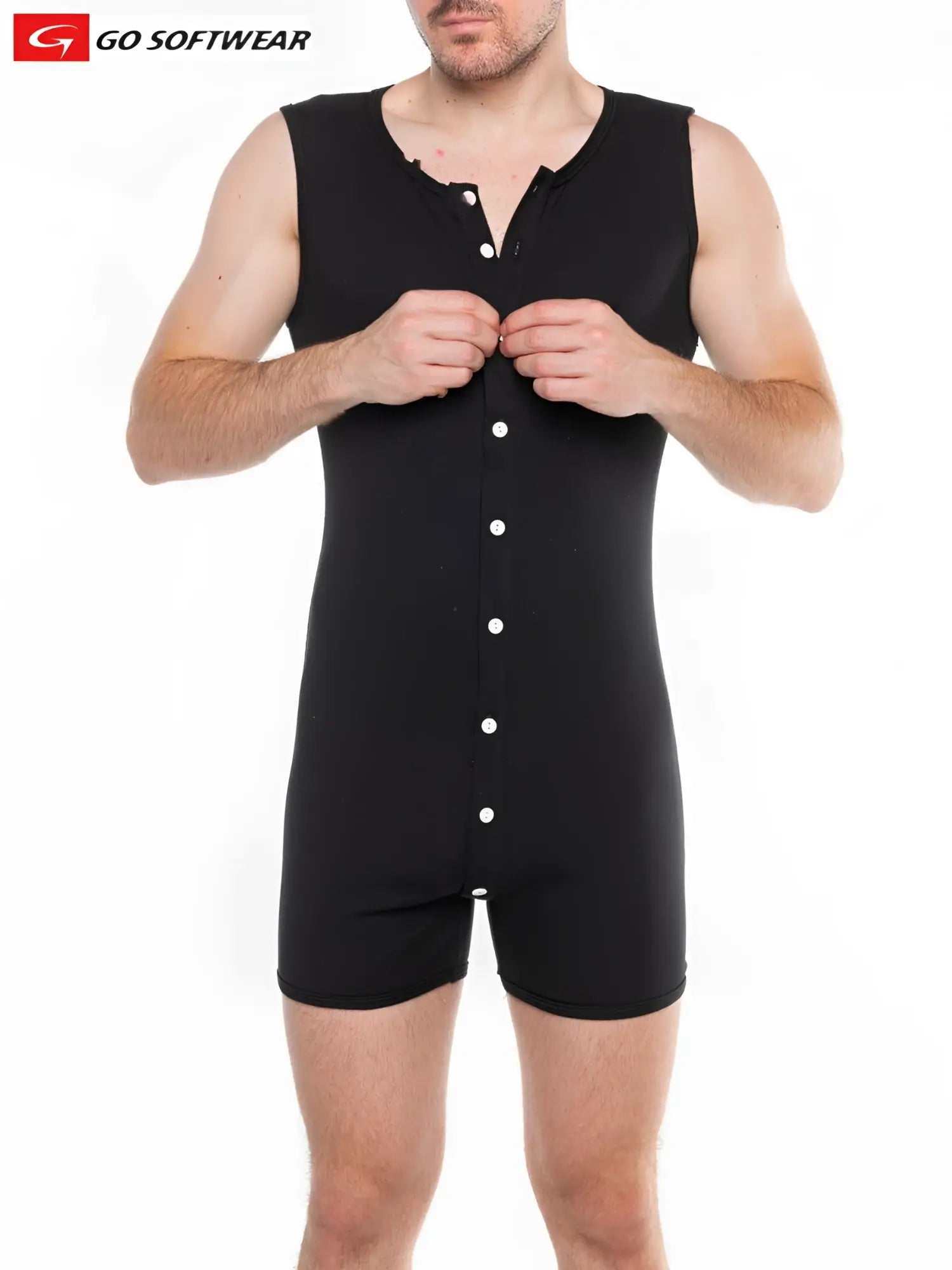 Black sleeveless button-front lumber jack open back onesy with white buttons showing back side details