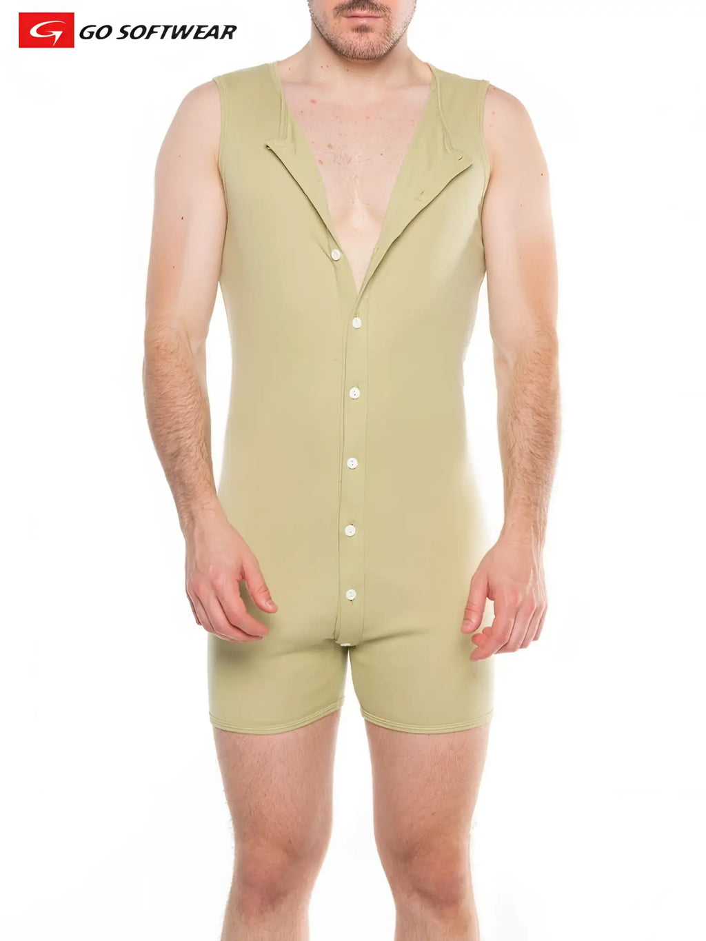 A men’s olive green sleeveless softwear jumpsuit with button front and collar detail shown from the back