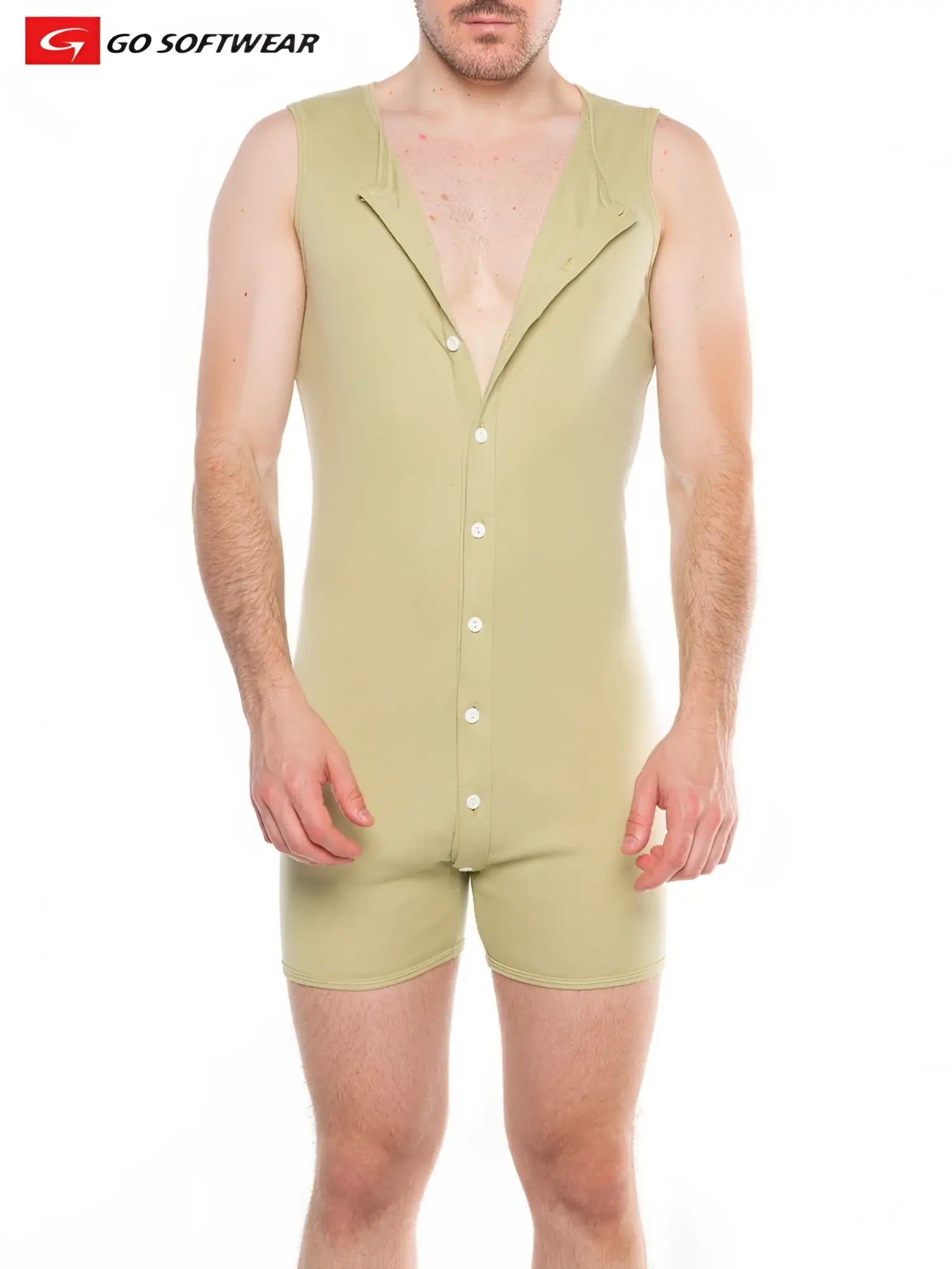 A men’s olive green sleeveless softwear jumpsuit with button front and collar detail shown from the back