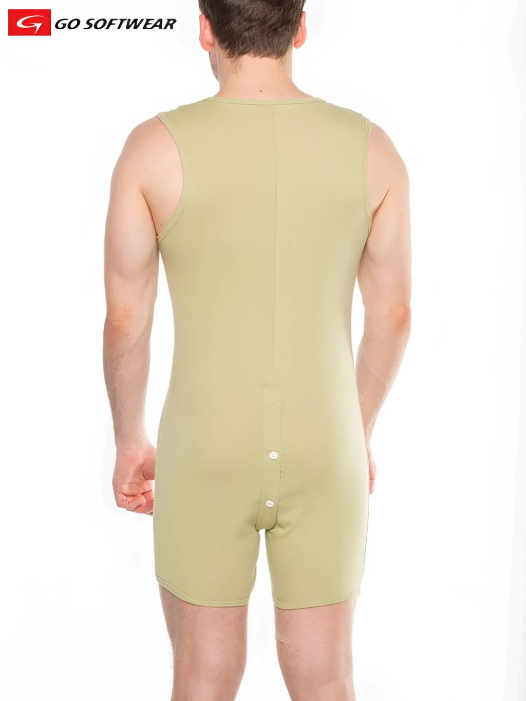 Back view of a pale green sleeveless lumber jack open back onesy made from soft fabric with buttoned closure