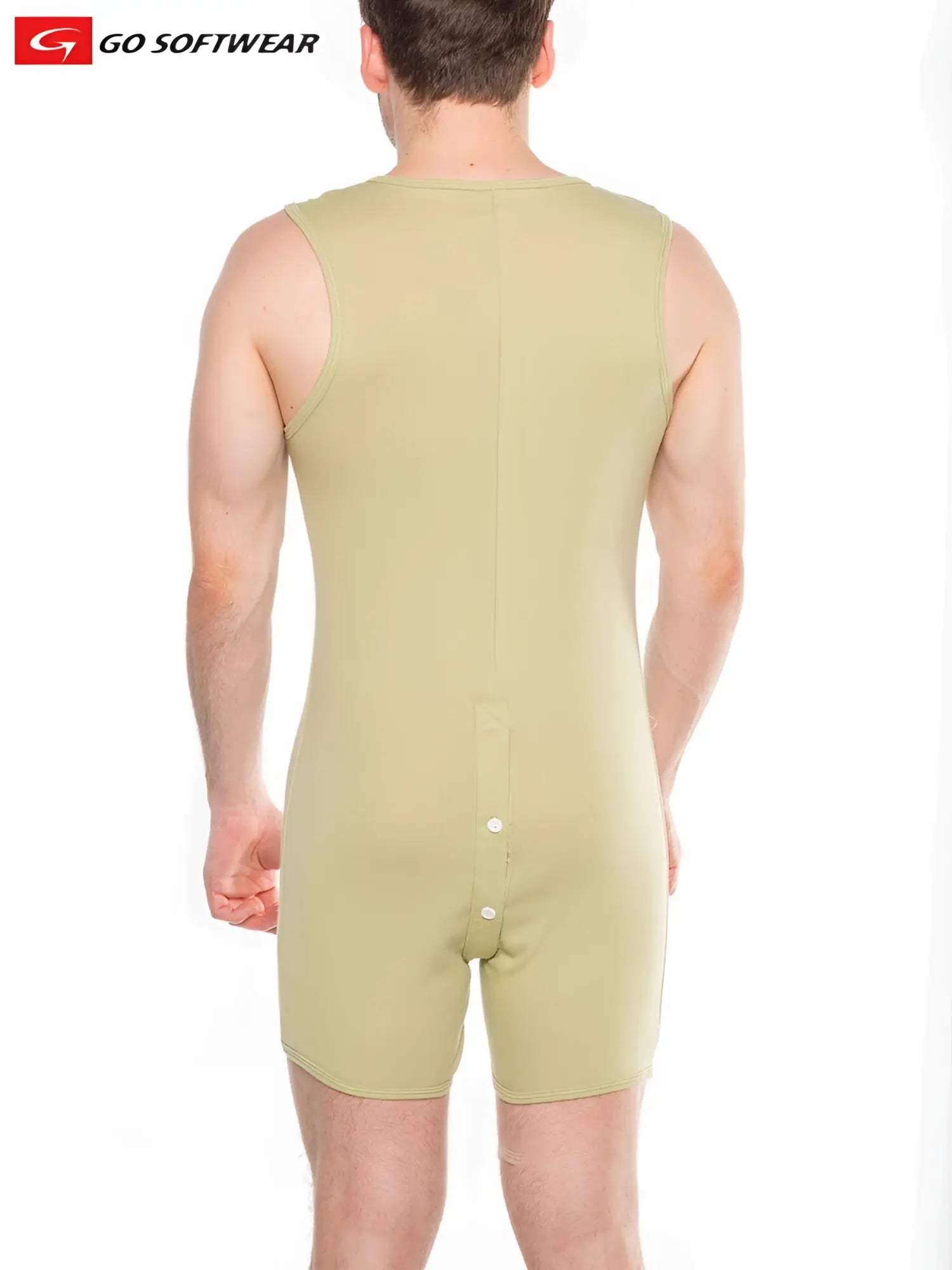 Back view of a pale green sleeveless lumber jack open back onesy made from soft fabric with buttoned closure