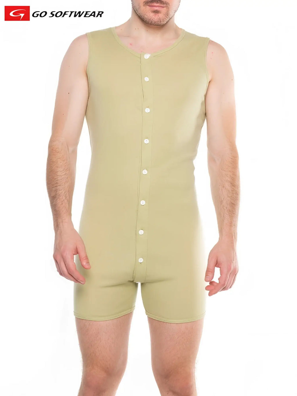 Lumber jack open back onesy in pale green sleeveless one-piece jumpsuit with button-front and go softwear logo
