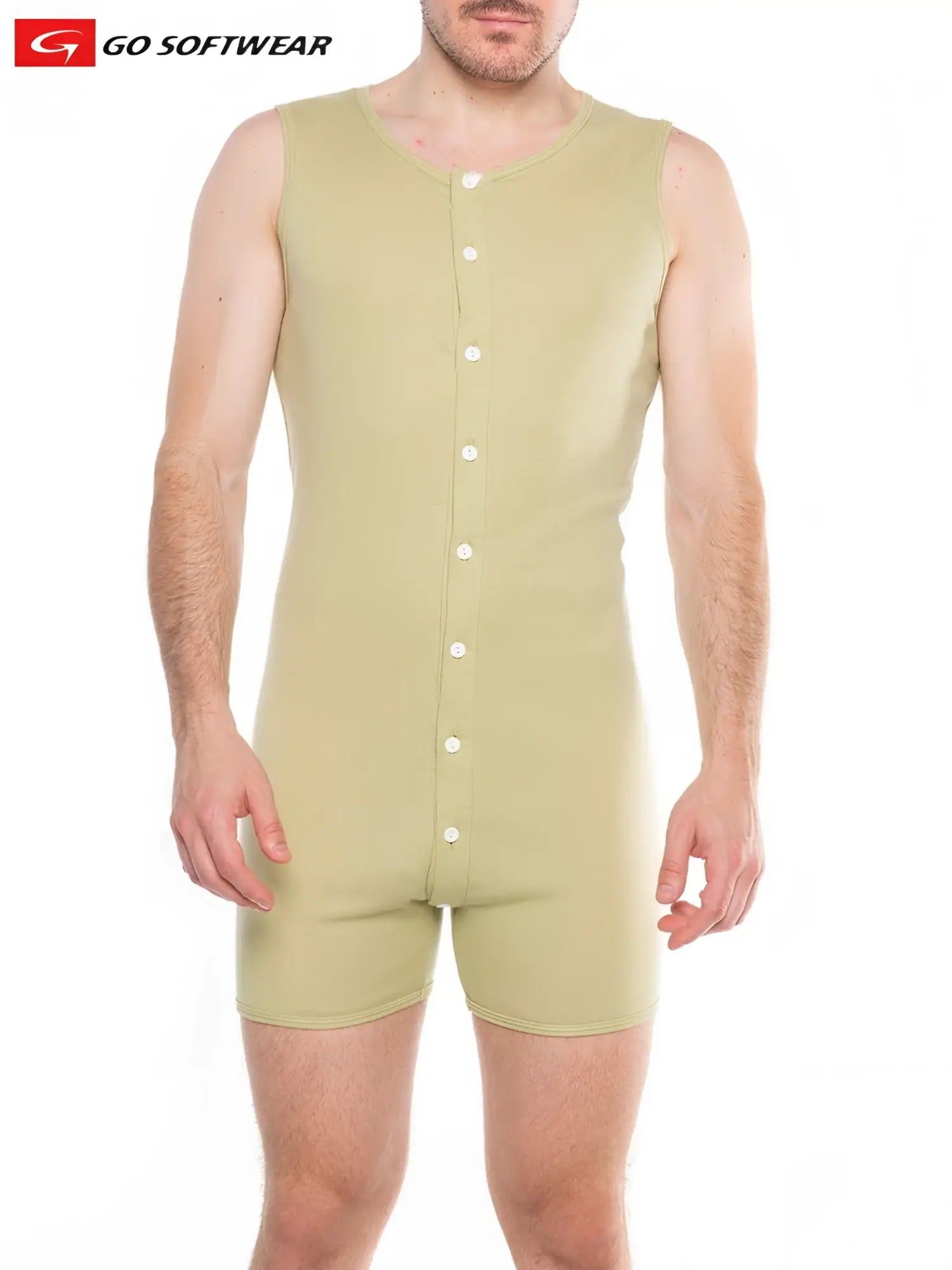 Lumber jack open back onesy in pale green sleeveless one-piece jumpsuit with button-front and go softwear logo