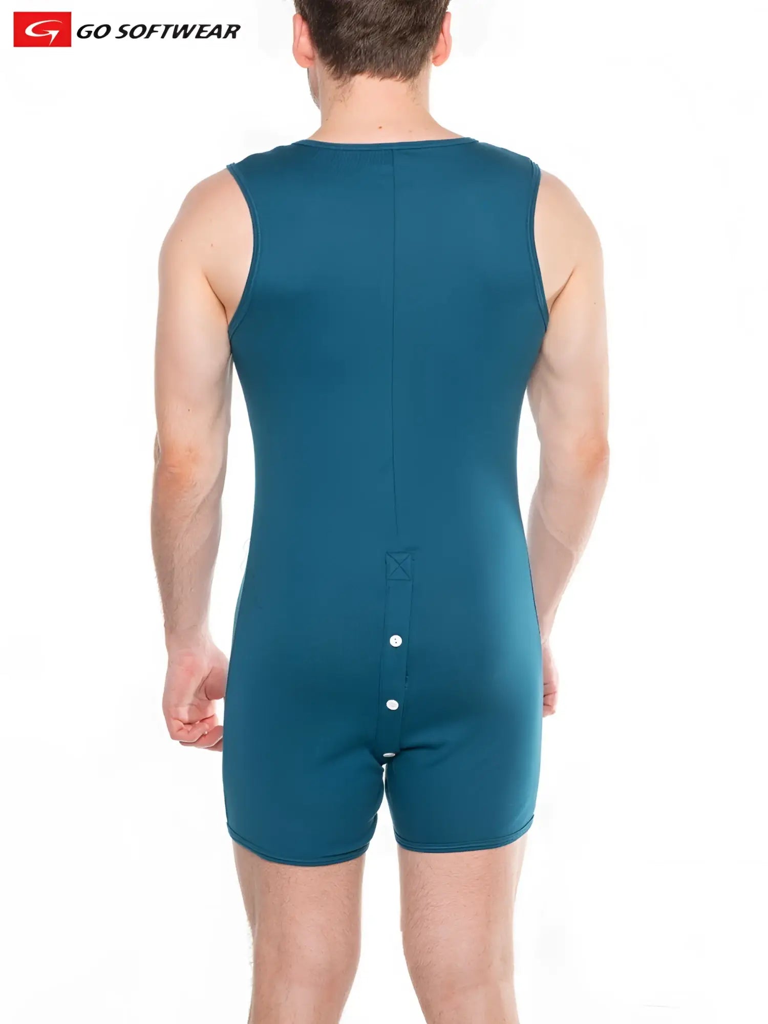 Back view of teal lumber jack open back onesy sleeveless athletic one-piece with central button closure