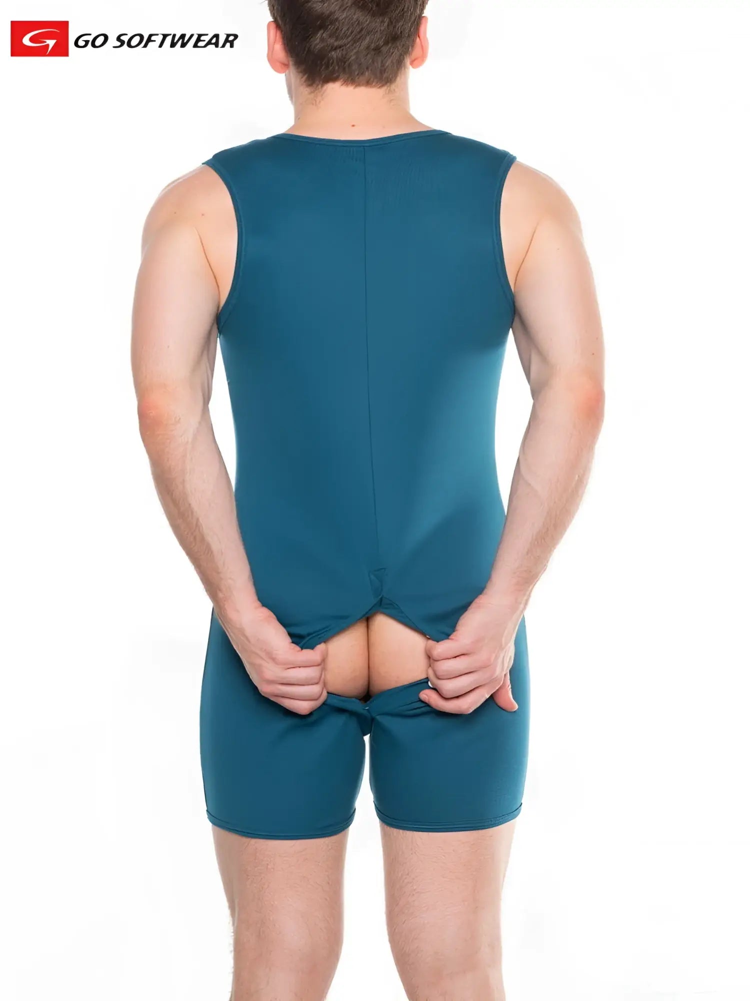 Teal sleeveless athletic top with central seam and matching shorts designed for comfort and movement lumber jack open back onesy