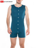 Teal sleeveless button-front one-piece romper with open back from go softwear for casual wear