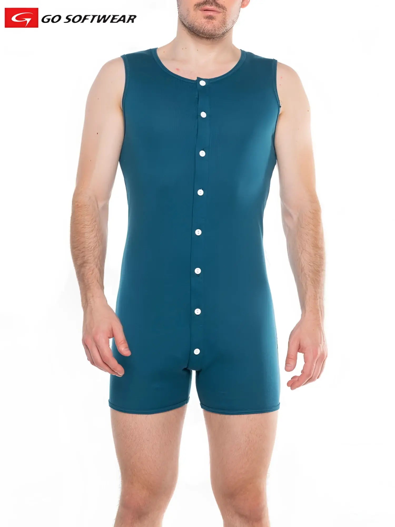 Teal sleeveless button-front one-piece romper with open back from go softwear for casual wear