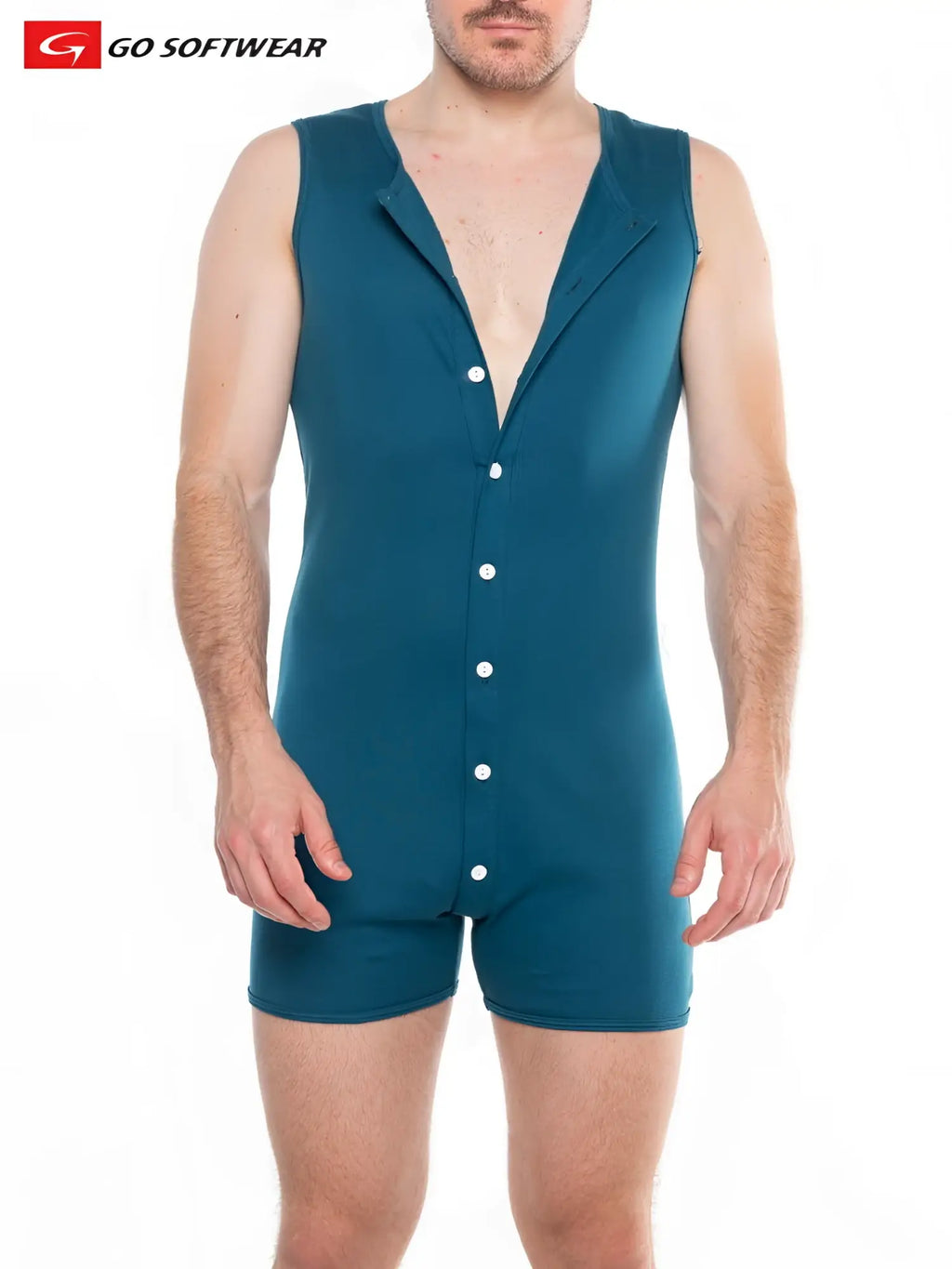 Teal sleeveless button-front onesy with collar and short legs showing open back designed by go softwear