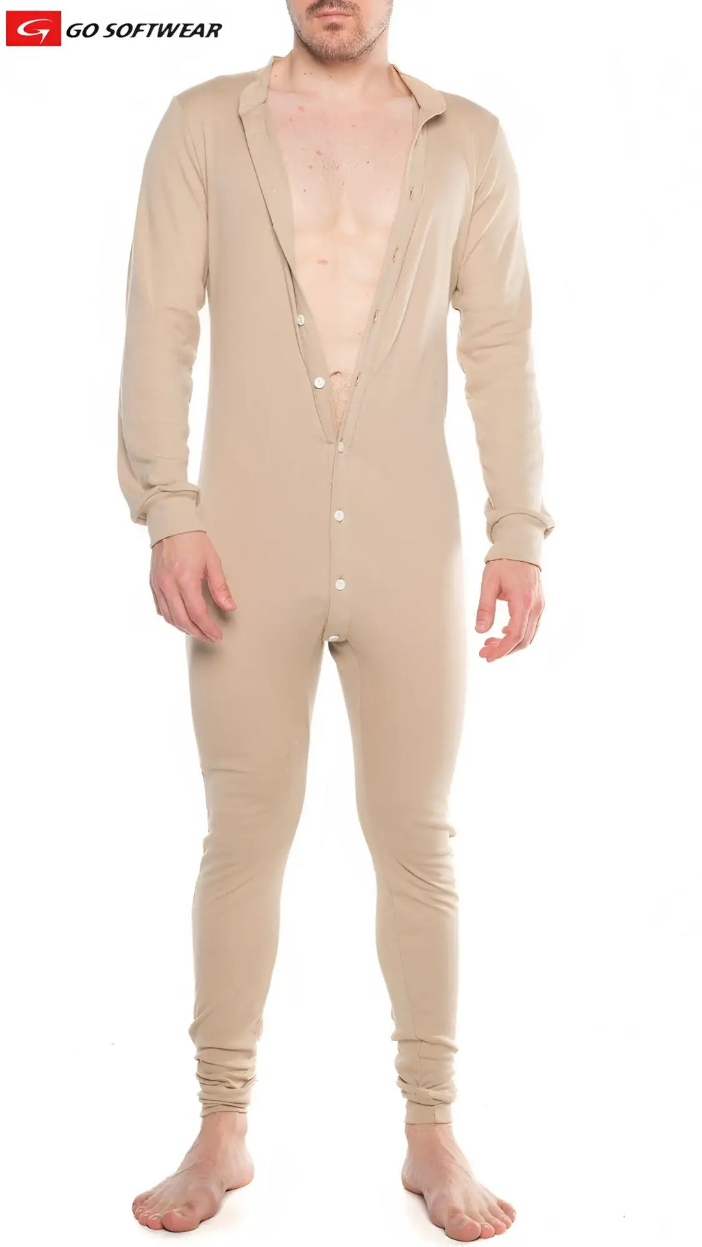Beige long-sleeved button-up lumber jack open back union suit from go softwear showing the back side