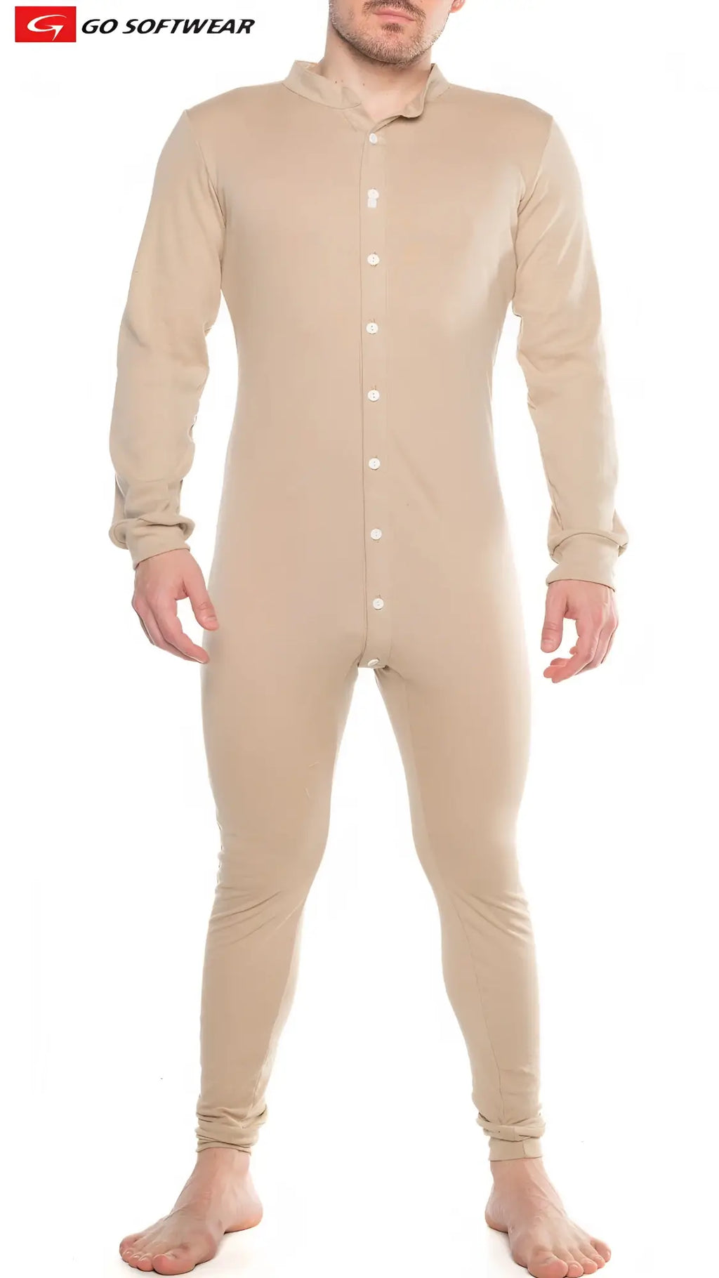 Beige long-sleeved one-piece thermal suit with button-down front and elastic cuffs lumber jack open back union suit