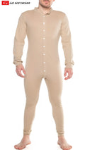 Beige long-sleeved one-piece thermal suit with button-down front and elastic cuffs lumber jack open back union suit