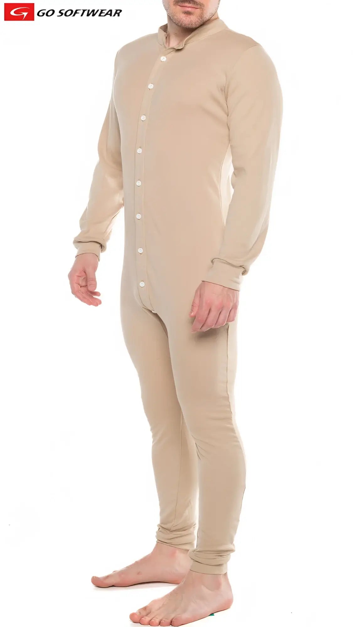 Beige long-sleeved one-piece thermal lumber jack open back union suit with button-down front and elastic cuffs