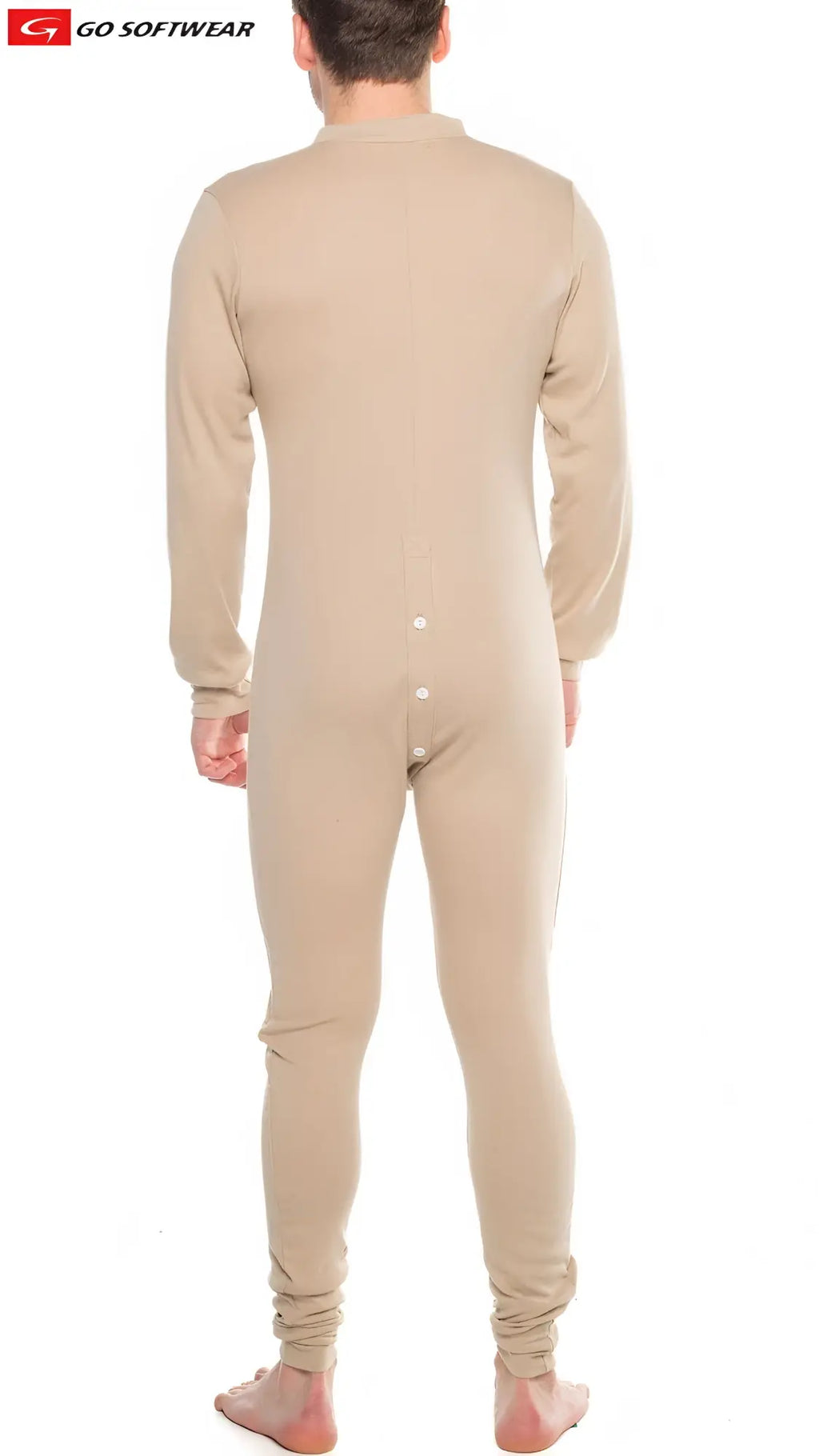 Beige long-sleeved lumber jack open back union suit with button closure down the back side thermal one-piece